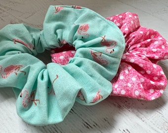 Flamingo and Polka Dot Scrunchies - Gift Pack of 2 Scrunchies, flamingo scrunchy, hair ties, hair scrunchy, gift ideas, stocking stuffer