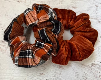 Fall Scrunchies - Gift Pack of 2 Scrunchies in Coordinating Fabrics, plaid scrunchy, hair ties, hair scrunchy, gift ideas, stocking stuffer