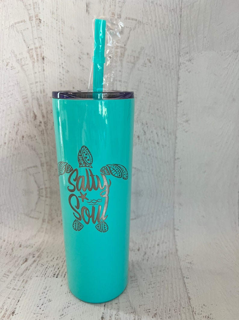 Salty Soul Tumbler with Lid and Straw, Turtle 20oz Insulated Skinny Stainless Steel Tumbler, Salty Soul Turtle Beach Wave Tumbler Starfish image 5