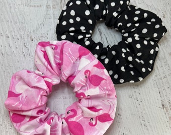 Flamingo and Polka Dot Scrunchies - Gift Pack of 2 Scrunchies, flamingo scrunchy, hair ties, hair scrunchy, gift ideas, stocking stuffer