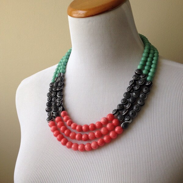 Pink, Teal, Black and White Color Blocked Triple Strand Statement Necklace - Teal and Pink Statement Necklace - Bianca Collection Necklace