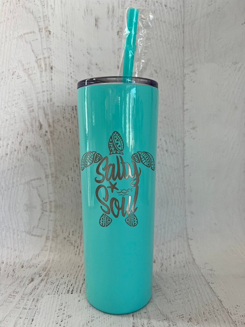 Salty Soul Tumbler with Lid and Straw, Turtle 20oz Insulated Skinny Stainless Steel Tumbler, Salty Soul Turtle Beach Wave Tumbler Starfish image 1