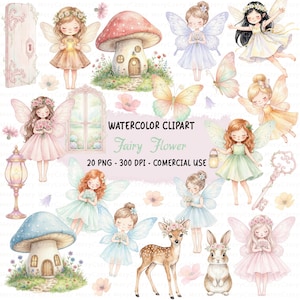 May include: Watercolor clipart featuring whimsical fairies, mushrooms, butterflies, and a deer. The fairies are depicted with delicate wings and dresses in pastel colors. The text "Watercolor Clipart Fairy Flower" is also included.