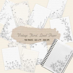 Puede incluir: Una colección de hojas de papel rayado y un cuaderno con espiral. El papel presenta un diseño floral vintage en gris, con delicadas ilustraciones botánicas. El texto de la imagen dice "Vintage Floral Lined Paper" y "150 PAGES - 8,5 x 11" - 300 DPI".