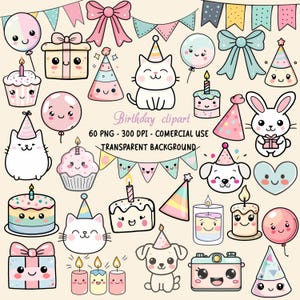 Könnte beinhalten: Eine Sammlung von niedlichen, cartoonartigen Geburtstag-Clipart-Elementen. Das Bild enthält verschiedene Elemente wie Kuchen, Cupcakes, Luftballons, Partyhüte, Geschenkboxen, Schleifen, Kerzen und entzückende Tierfiguren wie Katzen, einen Hund und ein Kaninchen. Der Text "Birthday clipart" ist ebenfalls vorhanden.