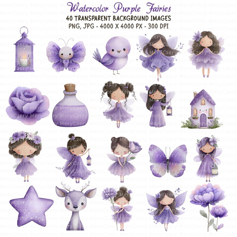 40 Watercolor Purple Fairy Clipart Set, Fairies Illustrations, Magic ...