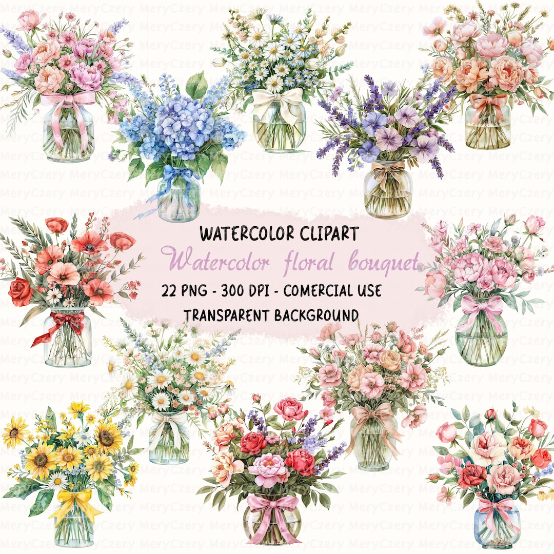 Watercolor Flower Bouquet Clipart PNG – 22 Floral Arrangements in Glass ...
