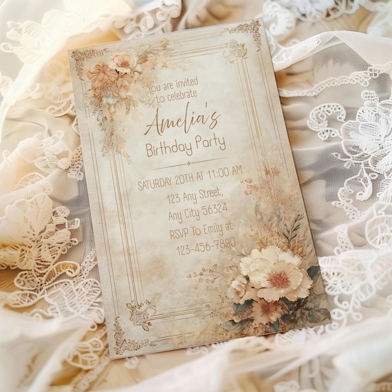Vintage Floral Birthday Invitation Template, Elegant Sepia Birthday Invite, Antique Style Party Invitation, Printable Elegant Birthday