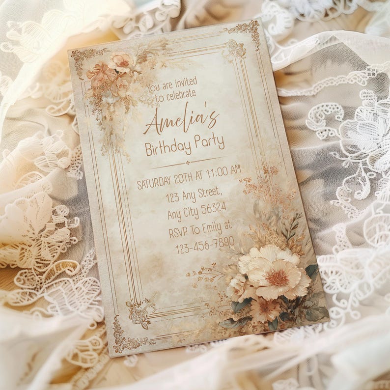 以下が含まれることがあります： ヴィンテージスタイルの誕生日パーティーの招待状。 「Amelia's Birthday Party」のテキストとイベントの詳細が記載されています。 デザインは、ソフトで落ち着いた色調の装飾的な花の要素を備えたクリーム色の背景で構成されています。