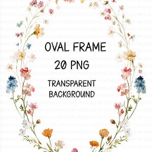 Può includere: Una cornice floreale ovale con sfondo trasparente. La cornice è adornata da fiori ad acquerello nei toni del rosa, giallo, arancione e blu. Il testo all'interno della cornice recita "OVAL FRAME 20 PNG TRANSPARENT BACKGROUND."