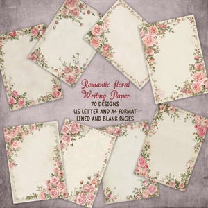 Könnte beinhalten: Eine Sammlung romantischer floraler Schreibpapiere im Vintage-Stil. Jedes Blatt ist mit rosa Rosen und grünem Laub verziert. Der Text auf dem Bild lautet: "Romantic floral Writing Paper 70 DESIGNS US LETTER AND A4 FORMAT LINED AND BLANK PAGES."