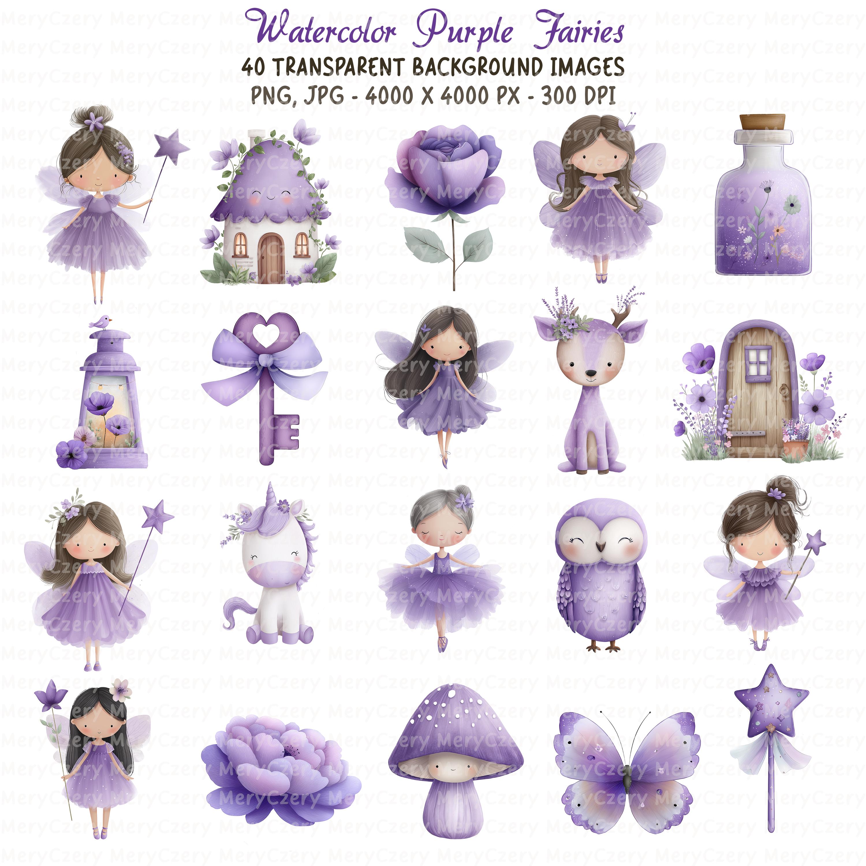 40 Watercolor Purple Fairy Clipart Set, Fairies Illustrations, Magic ...