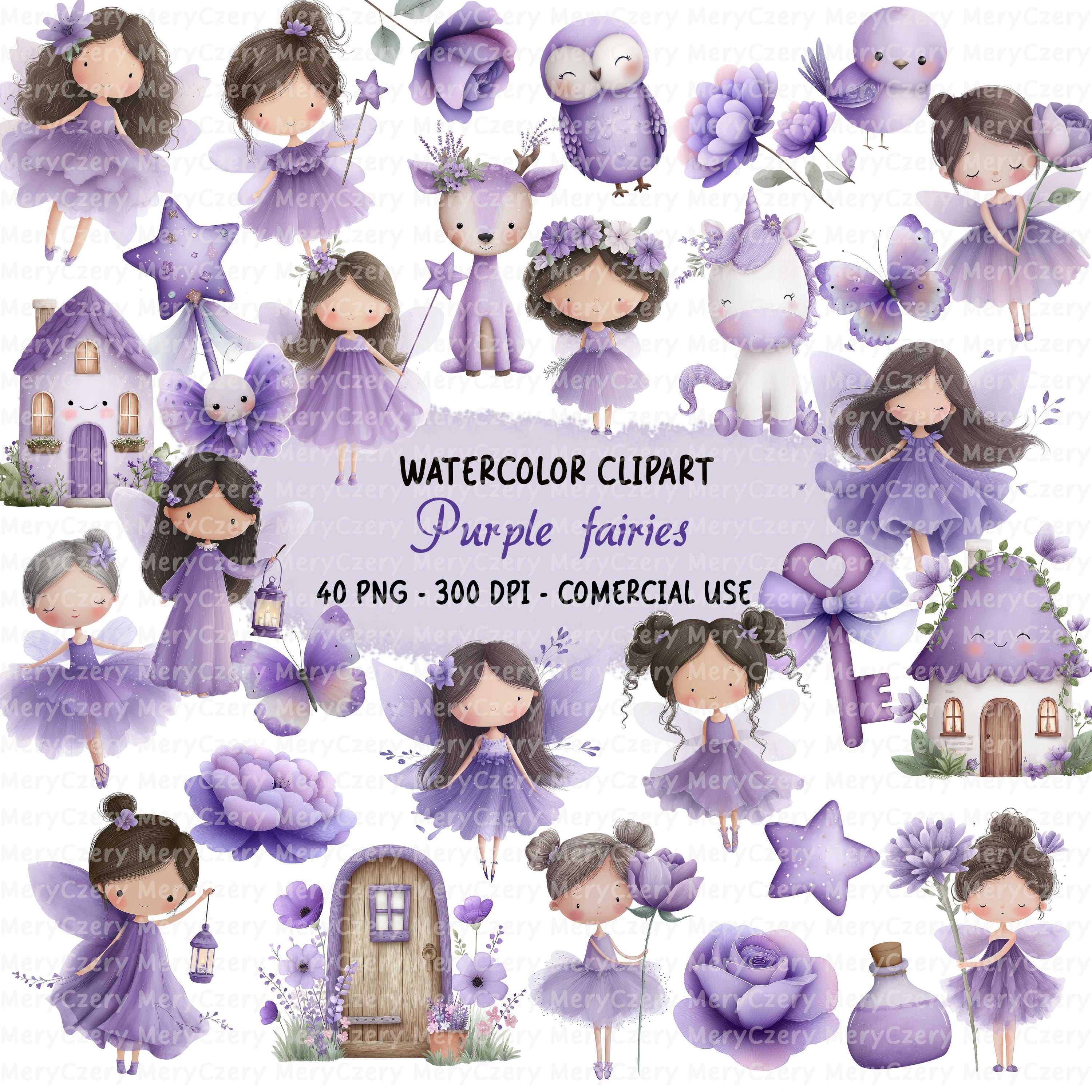 40 Watercolor Purple Fairy Clipart Set, Fairies Illustrations, Magic ...
