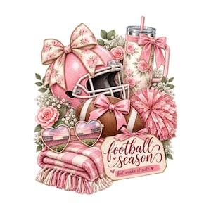 Puede incluir: Un casco de fútbol americano rosa con un lazo floral, un vaso floral, un balón de fútbol marrón con un lazo rosa, gafas de sol en forma de corazón con un estadio, una manta de cuadros rosa con flecos y un cartel que dice football season but make it cute.
