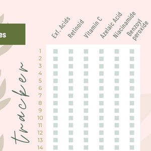 May include: A skincare tracker with a pink background and a green rectangle labelled "Actives." The tracker lists skincare ingredients: Exf. Acids, Retinoid, Vitamin C, Azelaic Acid, Niacinamide, and Benzoyl peroxide. A grid is present for tracking.