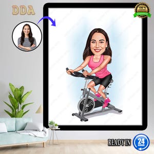 Könnte beinhalten: Gerahmte Cartoon-Illustration einer Frau auf einem stationären Trainingsfahrrad. Die Frau trägt ein rosa Tanktop, schwarze Shorts und rosa Schuhe. Die Illustration ist vor einem hellblauen Hintergrund. Der Rahmen ist schwarz. Der Text auf dem Bild lautet "READY IN 24 HOUR".
