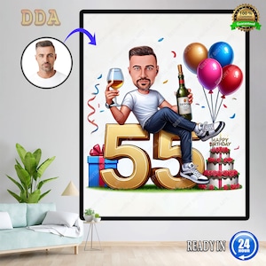 May include: Digital illustration of a man celebrating his 55th birthday. He is sitting on a large gold number 55, holding a wine glass and a bottle of wine. Balloons, a cake, and a gift box are also included in the image.