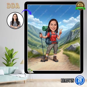 May include: A digital illustration of a woman hiking on a mountain trail. She wears a red shirt, khaki shorts, and a backpack. The image is framed in black and includes the text "READY IN 24 HOUR".