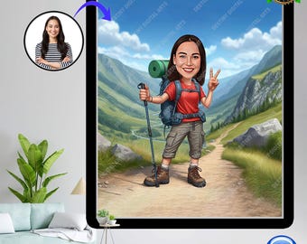 Benutzerdefinierte Wandern Karikatur | Personalisierte Bergkunst (Digitaler Download 20x25cm)