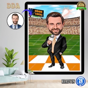 May include: A framed cartoon portrait of a man in a black suit holding a microphone, set against a stadium backdrop. The image includes the text "GOOD LUCK" and "READY IN 24 HOUR". A smaller portrait of the man is in the upper left corner.