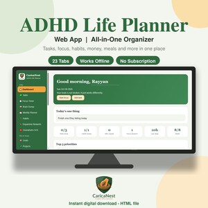 Aplicación web para planificar el TDAH, organizador de vida digital, gestor de tareas, rastreador de hábitos, temporizador de concentración, lluvia de ideas, planificador de presupuesto, HTML