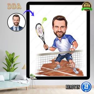 May include: A framed cartoon illustration of a man playing tennis. The man is wearing a blue and white tennis outfit and holding a racket. A tennis ball is in the air. The image includes a small portrait and text that says "READY IN 24 HOUR".