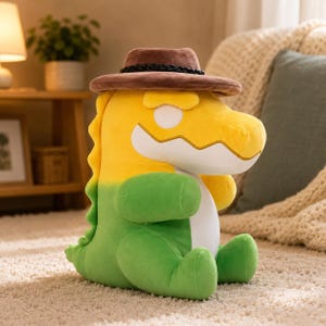 May include: A plush toy shaped like a crocodile with a yellow head and green body, wearing a brown felt hat with a black braided band. The creature has a white belly, a wide white snout, and simple white circular eyes, sitting in an upright position.