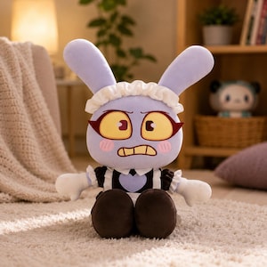 May include: A plush toy shaped like a rabbit with light purple fur, large yellow eyes, and a grumpy expression. It wears a black and white maid-style outfit with a ruffled collar, a heart-shaped patch on the chest, and white gloves.