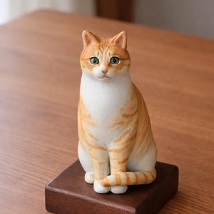 Figura de gato atigrado naranja de cerámica hecha a mano con base de madera, escultura realista de arcilla, regalo para amantes de los gatos, decoración de escritorio.