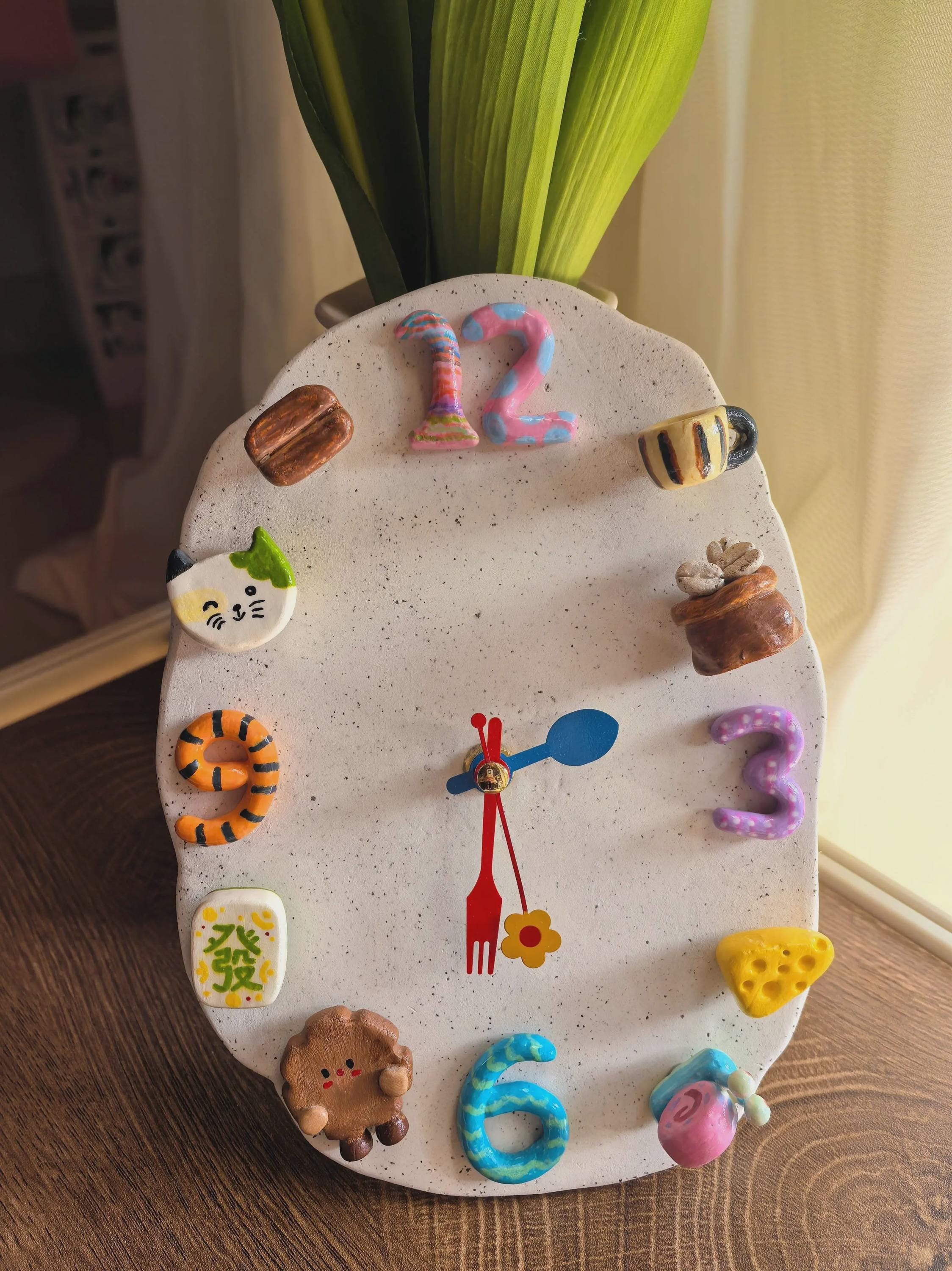Cute Handmade Clay Clock, Whimsical Kitchen Wall Clock, Colorful ...