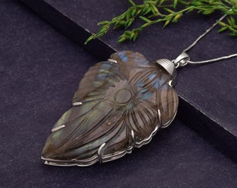 Hand-Carved Labradorite Leaf Pendant | Sterling Silver Artisan Necklace