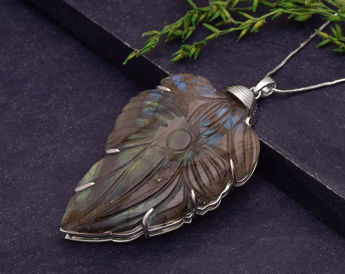 Hand-Carved Labradorite Leaf Pendant | Sterling Silver Artisan Necklace