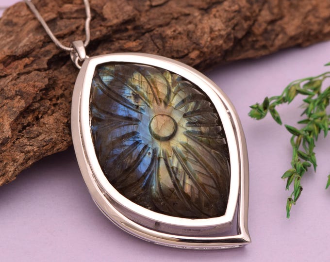 Hand-Carved Labradorite Pendant | Floral Medallion, Sterling Silver