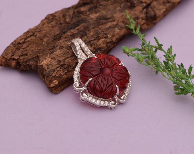 Hand-Carved Red Glass Floral Pendant | Sterling Silver Artisan Necklace