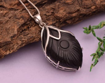 Hand-Carved Black Stone Leaf Pendant in 925 Sterling Silver | Rhodium Finish | Artisan Statement Jewelry
