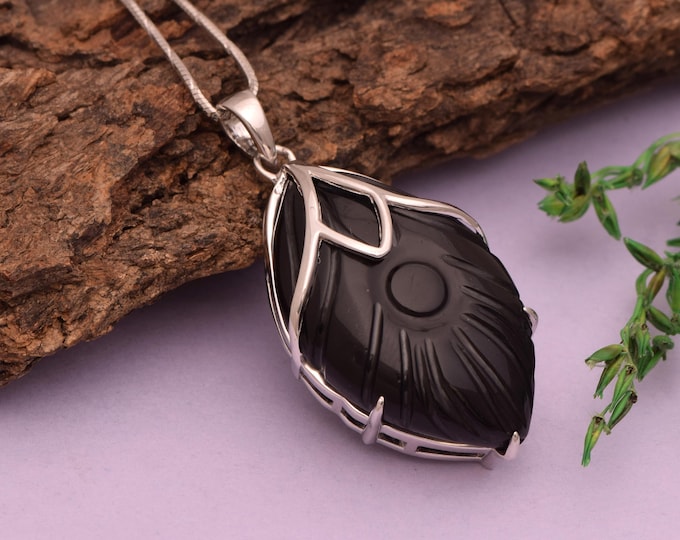Hand-Carved Black Stone Leaf Pendant in 925 Sterling Silver | Rhodium Finish | Artisan Statement Jewelry
