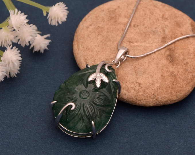 Hand-Carved Green Aventurine Pendant | Sterling Silver Floral Medallion