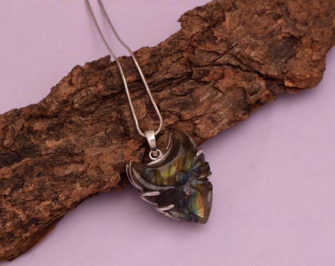 Hand-Carved Labradorite Floral Pendant, 925 Sterling Silver Necklace