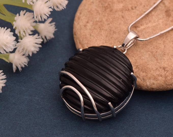 Hand Carved Black Stone Pendant • Sterling Silver Artisan Jewelry