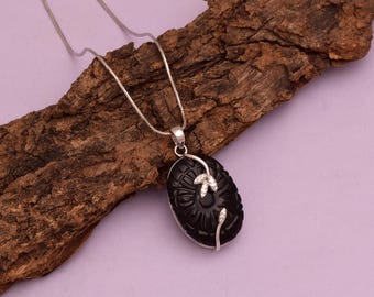 Hand-Carved Blackstone Pendant | Sterling Silver Vine Necklace