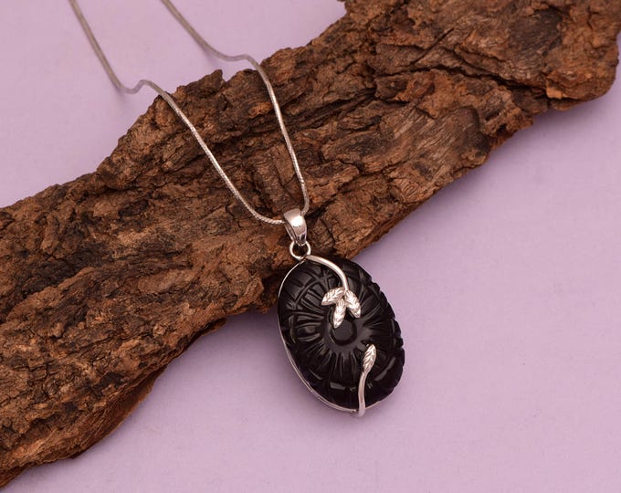 Hand-Carved Blackstone Pendant | Sterling Silver Vine Necklace