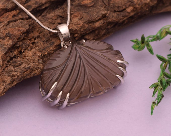 Hand-Carved Smoky Glass Leaf Pendant | Sterling Silver Artisan Jewelry
