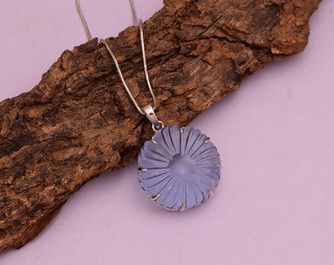 Hand Carved Blue Glasstone Floral Pendant | 33mm Sterling Silver Medallion Necklace