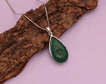 Hand-Carved Green Aventurine Floral Pendant, 925 Sterling Silver Necklace