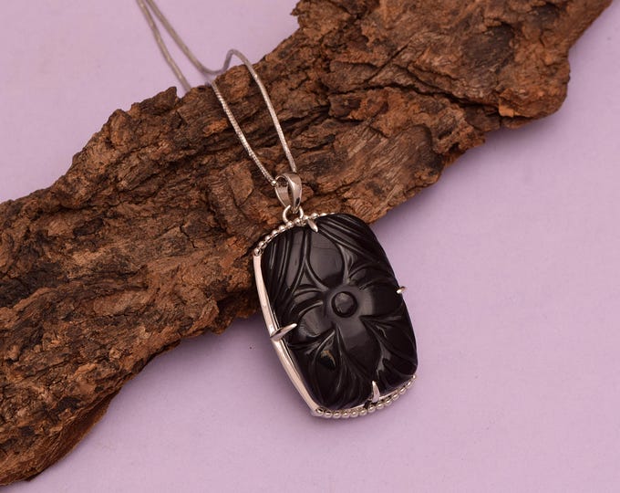 Hand-Carved Blackstone Floral Pendant, Sterling Silver Artisan Necklace