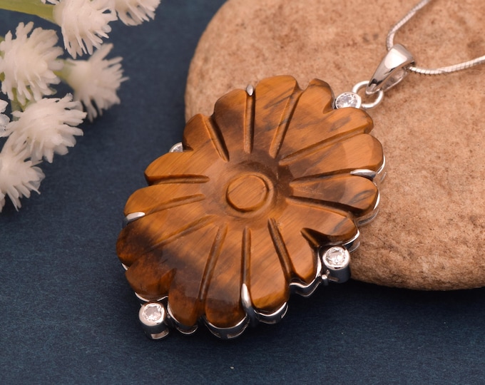 Hand Carved Tiger Eye Flower Pendant • Sterling Silver, One-of-a-Kind