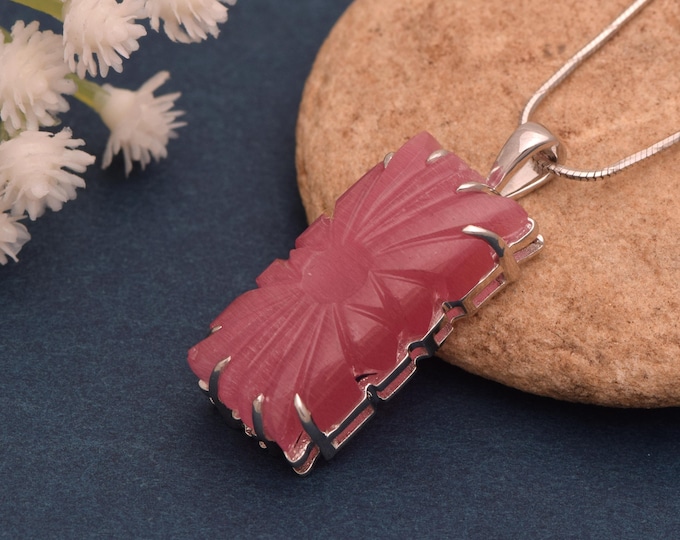 Hand Carved Pink Jade Floral Pendant – Sterling Silver, Unique Necklace