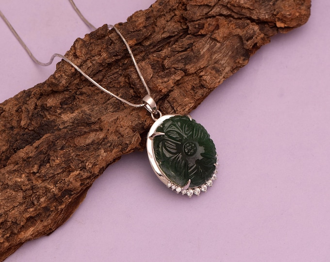 Hand-Carved Green Aventurine Floral Pendant, Sterling Silver Statement Necklace