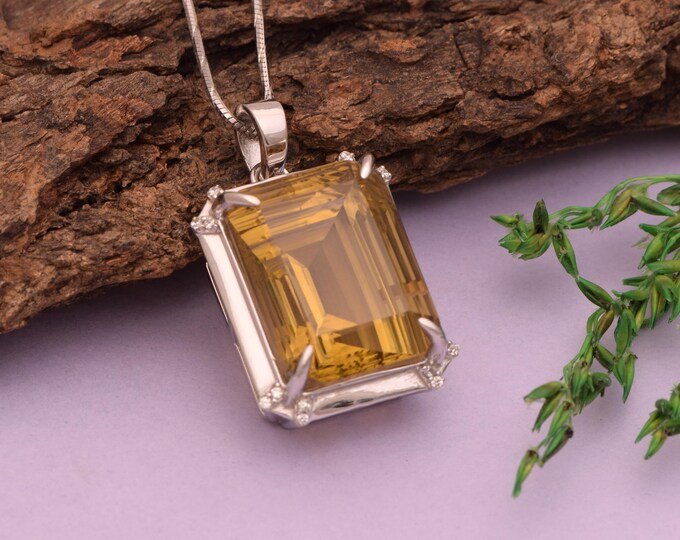 Hand-Carved Yellow Glass Pendant | Emerald Cut, Sterling Silver Artisan Jewelry