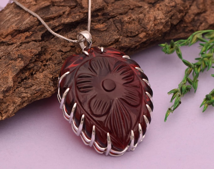 Hand-Carved Red Glass Floral Pendant, 925 Sterling Silver Necklace